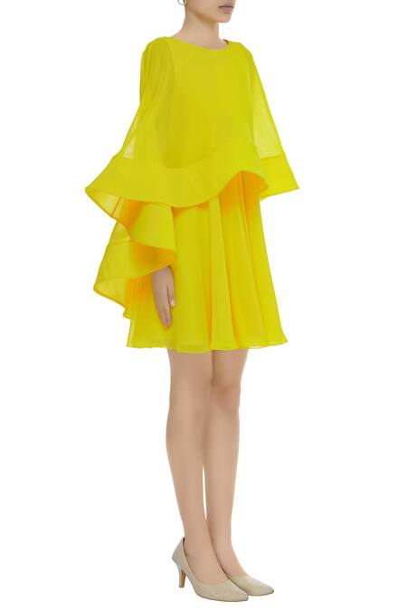 Gauri & Nainika Yellow Viscose Georgette High Low Cape Dress Online at Aza Fashions Gauri & Nainika_Yellow Viscose Georgette High Low Cape Dress _Online_at_Aza_Fashions