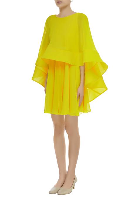 Buy Gauri & Nainika Yellow Viscose Georgette High Low Cape Dress Online at Aza Fashions Buy_Gauri & Nainika_Yellow Viscose Georgette High Low Cape Dress _Online_at_Aza_Fashions