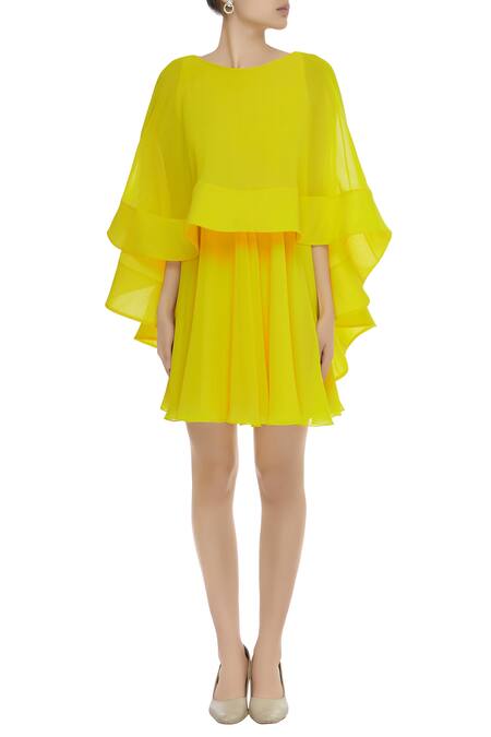 Shop Gauri & Nainika Yellow Viscose Georgette High Low Cape Dress Online at Aza Fashions Shop_Gauri & Nainika_Yellow Viscose Georgette High Low Cape Dress _Online_at_Aza_Fashions