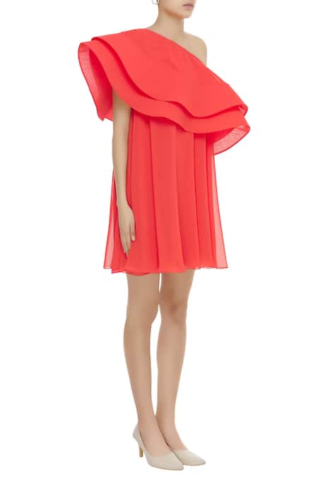 Gauri & Nainika Coral Viscose Georgette Asymmetrical Layered Ruffle Dress Online at Aza Fashions Gauri & Nainika_Coral Viscose Georgette Asymmetrical Layered Ruffle Dress _Online_at_Aza_Fashions