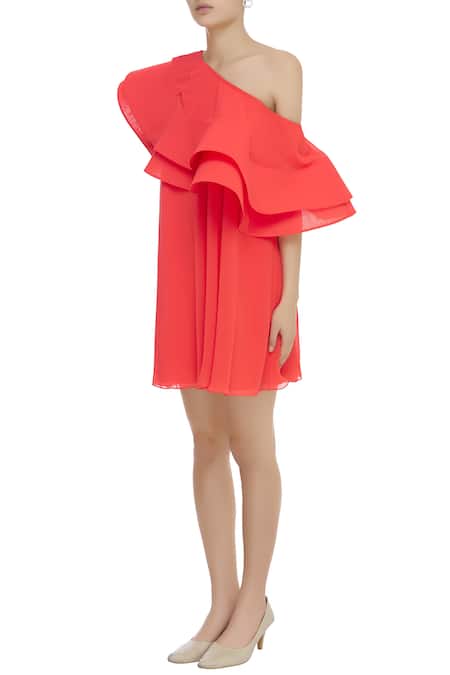 Buy Gauri & Nainika Coral Viscose Georgette Asymmetrical Layered Ruffle Dress Online at Aza Fashions Buy_Gauri & Nainika_Coral Viscose Georgette Asymmetrical Layered Ruffle Dress _Online_at_Aza_Fashions