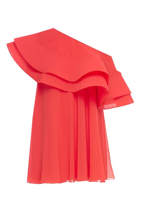 Shop Gauri & Nainika Coral Viscose Georgette Asymmetrical Layered Ruffle Dress Online at Aza Fashions Shop_Gauri & Nainika_Coral Viscose Georgette Asymmetrical Layered Ruffle Dress _Online_at_Aza_Fashions