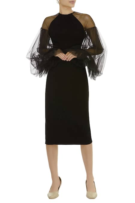 Buy Black Net Bishop Sleeve Midi Dress For Women by Gauri & Nainika Online  at Aza Fashions.