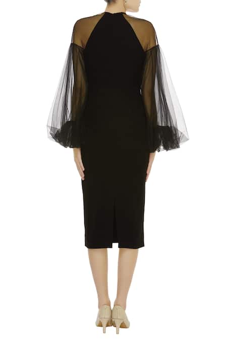 Shop Gauri & Nainika Black Net Bishop Sleeve Midi Dress at Aza Fashions Shop_Gauri & Nainika_Black Net Bishop Sleeve Midi Dress _at_Aza_Fashions