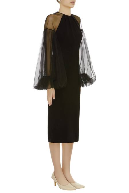 Gauri & Nainika Black Net Bishop Sleeve Midi Dress Online at Aza Fashions Gauri & Nainika_Black Net Bishop Sleeve Midi Dress _Online_at_Aza_Fashions