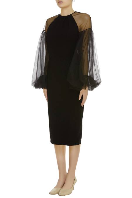 Buy Gauri & Nainika Black Net Bishop Sleeve Midi Dress Online at Aza Fashions Buy_Gauri & Nainika_Black Net Bishop Sleeve Midi Dress _Online_at_Aza_Fashions