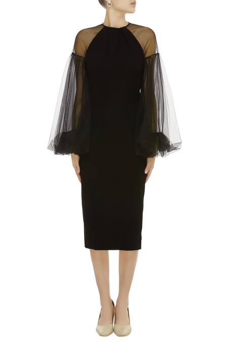 Shop Gauri & Nainika Black Net Bishop Sleeve Midi Dress Online at Aza Fashions Shop_Gauri & Nainika_Black Net Bishop Sleeve Midi Dress _Online_at_Aza_Fashions