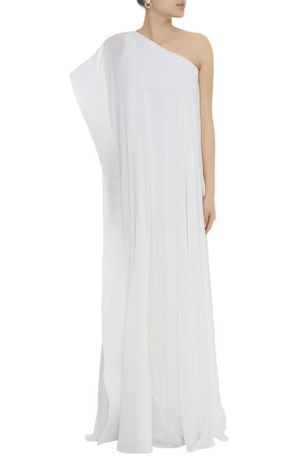 Shop_Gauri & Nainika_White One Shoulder Gown _Online_at_Aza_Fashions