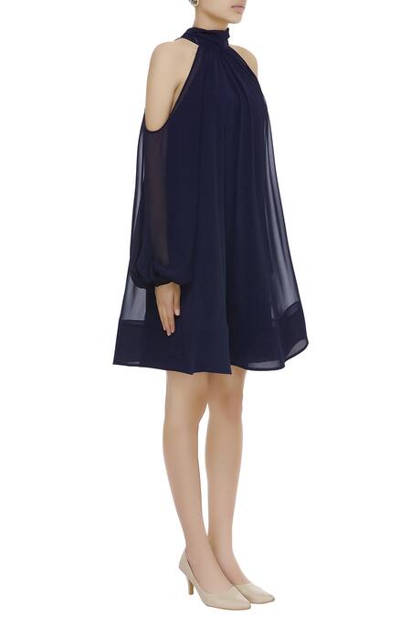 Gauri & Nainika Blue Viscose Georgette High Neck Cold Shoulder Tie-up Dress Online at Aza Fashions Gauri & Nainika_Blue Viscose Georgette High Neck Cold Shoulder Tie-up Dress _Online_at_Aza_Fashions