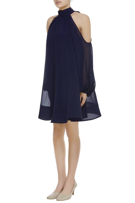Buy Gauri & Nainika Blue Viscose Georgette High Neck Cold Shoulder Tie-up Dress Online at Aza Fashions Buy_Gauri & Nainika_Blue Viscose Georgette High Neck Cold Shoulder Tie-up Dress _Online_at_Aza_Fashions