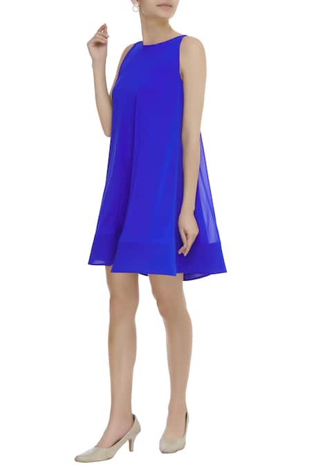 Gauri & Nainika Blue Viscose Georgette Sleeveless Trapeze Dress 