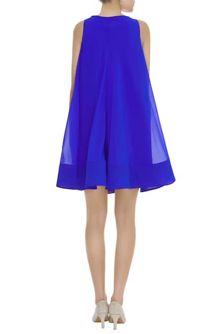 Shop Gauri & Nainika Blue Viscose Georgette Sleeveless Trapeze Dress at Aza Fashions Shop_Gauri & Nainika_Blue Viscose Georgette Sleeveless Trapeze Dress _at_Aza_Fashions