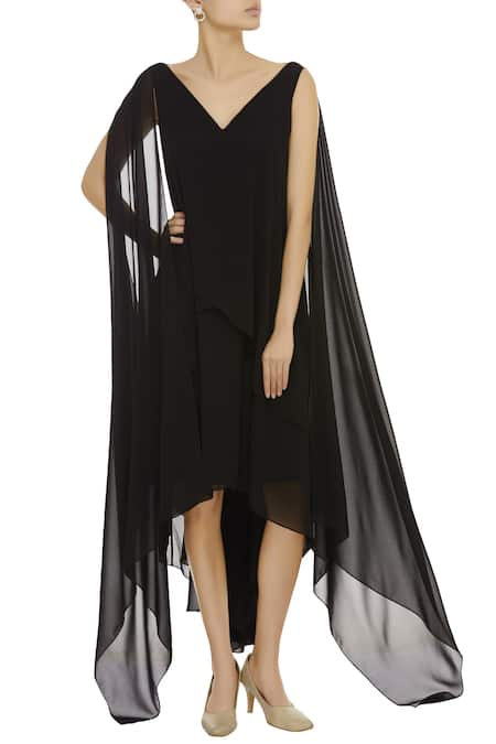 Gauri & Nainika Black Viscose Georgette Draped Dress 