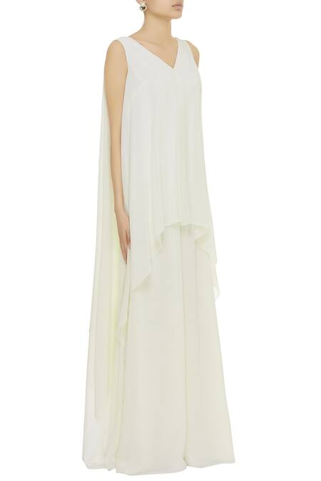 Gauri & Nainika_White Viscose Georgette Layered Side Draped Jumpsuit _Online_at_Aza_Fashions