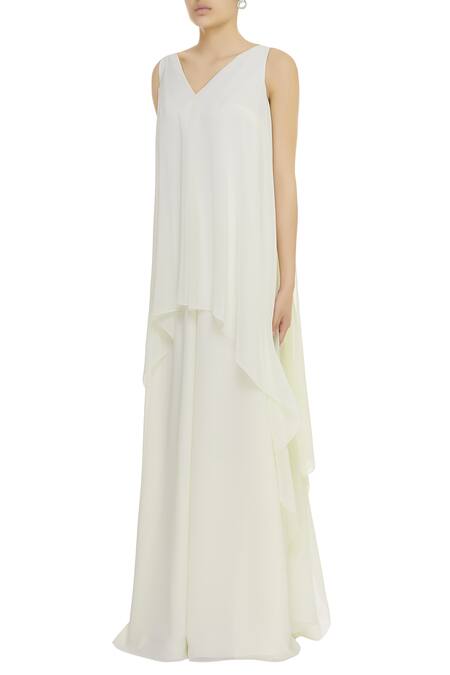 Buy_Gauri & Nainika_White Viscose Georgette Layered Side Draped Jumpsuit _Online_at_Aza_Fashions