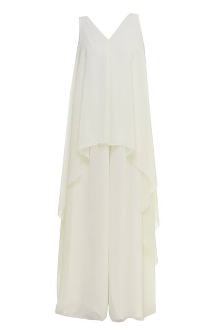 Shop_Gauri & Nainika_White Viscose Georgette Layered Side Draped Jumpsuit _Online_at_Aza_Fashions