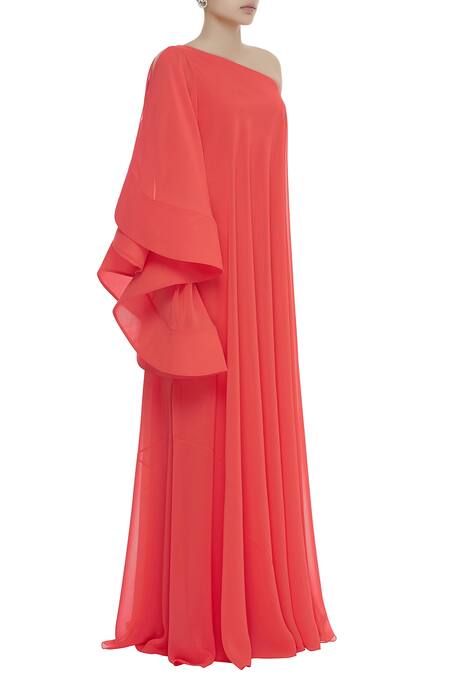 Gauri & Nainika_Coral Viscose Georgette One Shoulder Gown _Online_at_Aza_Fashions