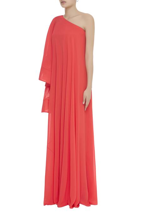 Buy_Gauri & Nainika_Coral Viscose Georgette One Shoulder Gown _Online_at_Aza_Fashions