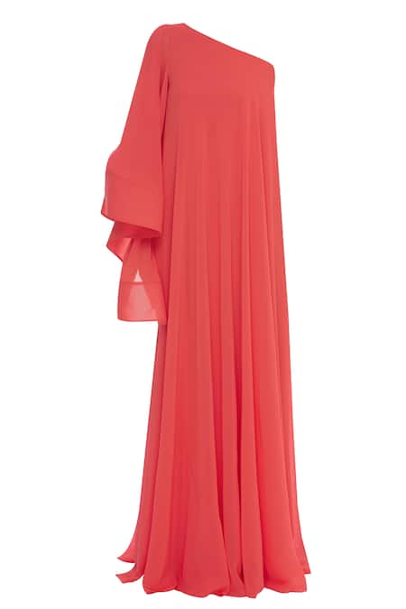 Shop_Gauri & Nainika_Coral Viscose Georgette One Shoulder Gown _Online_at_Aza_Fashions