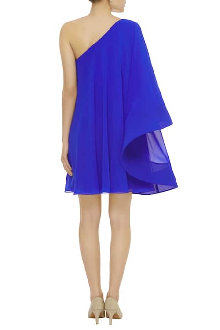 Shop Gauri & Nainika Blue Viscose Georgette Asymmetrical One Shoulder Bell Sleeve Dress at Aza Fashions Shop_Gauri & Nainika_Blue Viscose Georgette Asymmetrical One Shoulder Bell Sleeve Dress _at_Aza_Fashions
