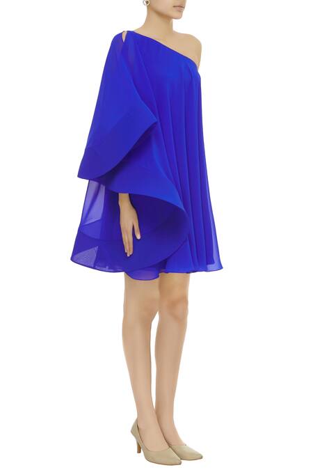 Gauri & Nainika Blue Viscose Georgette Asymmetrical One Shoulder Bell Sleeve Dress Online at Aza Fashions Gauri & Nainika_Blue Viscose Georgette Asymmetrical One Shoulder Bell Sleeve Dress _Online_at_Aza_Fashions