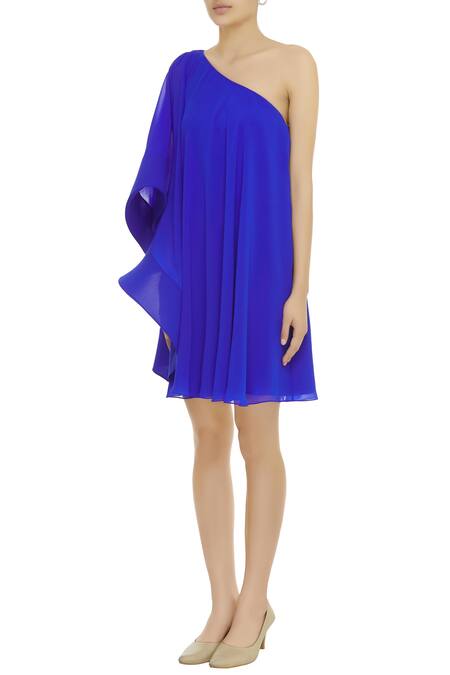 Buy Gauri & Nainika Blue Viscose Georgette Asymmetrical One Shoulder Bell Sleeve Dress Online at Aza Fashions Buy_Gauri & Nainika_Blue Viscose Georgette Asymmetrical One Shoulder Bell Sleeve Dress _Online_at_Aza_Fashions