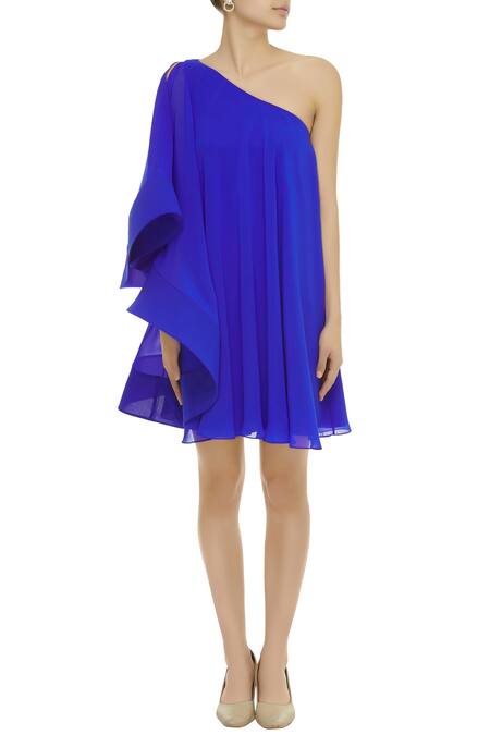 Shop Gauri & Nainika Blue Viscose Georgette Asymmetrical One Shoulder Bell Sleeve Dress Online at Aza Fashions Shop_Gauri & Nainika_Blue Viscose Georgette Asymmetrical One Shoulder Bell Sleeve Dress _Online_at_Aza_Fashions