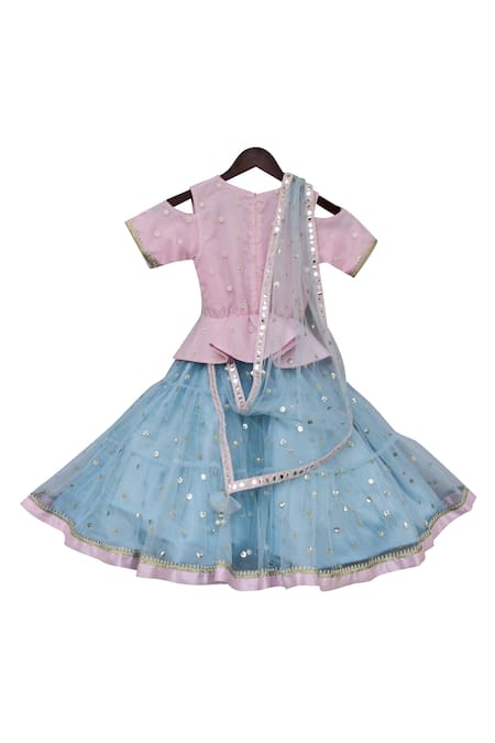 Shop Fayon Kids Blue Satin, Cotton, Net Embroidery Peplum Anarkali With Dupatta at Aza Fashions Shop_Fayon Kids_Blue Satin, Cotton, Net Embroidery Peplum Anarkali With Dupatta _at_Aza_Fashions