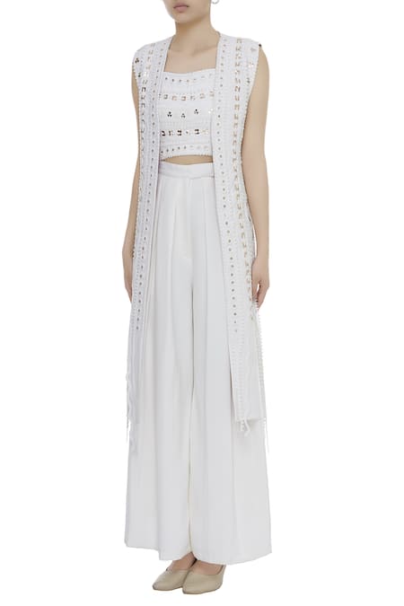 Buy_Vidhi Wadhwani_Off White Sleeveless Jacket With Metallic Applique_Online_at_Aza_Fashions