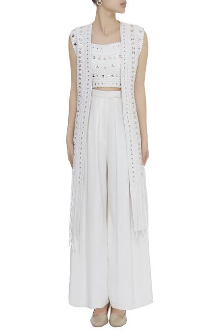 Shop_Vidhi Wadhwani_Off White Sleeveless Jacket With Metallic Applique_Online_at_Aza_Fashions