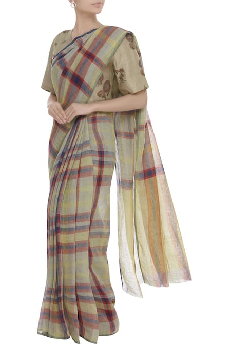 Anavila Green Linen Plaid Checkered Saree 