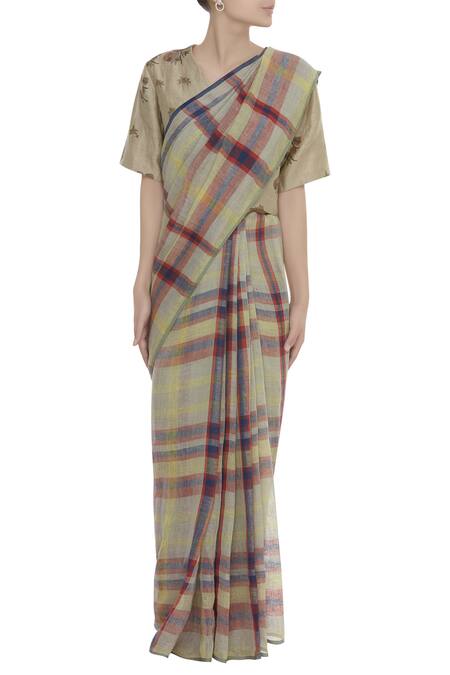 Buy_Anavila_Green Linen Plaid Checkered Saree _Online_at_Aza_Fashions