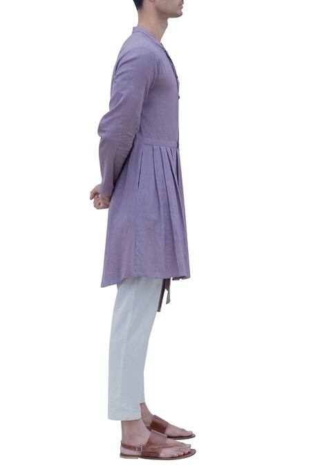 Bohame_Purple Cotton Linen Pleated Side Kurta _Online_at_Aza_Fashions