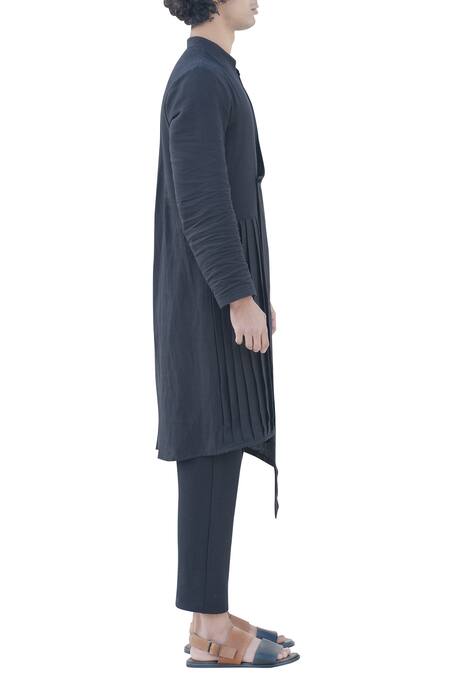 Bohame_Black Cotton Linen Overlap Pleated Kurta _Online_at_Aza_Fashions