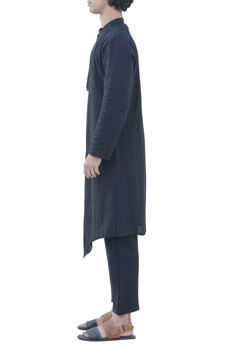 Buy_Bohame_Black Cotton Linen Overlap Pleated Kurta _Online_at_Aza_Fashions