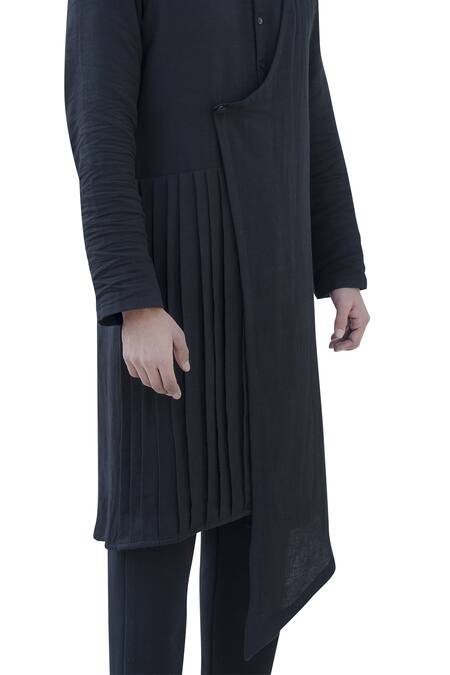 Shop_Bohame_Black Cotton Linen Overlap Pleated Kurta _Online_at_Aza_Fashions