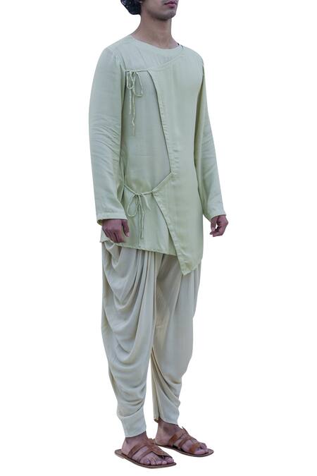 Bohame_Green Cotton Rayon Tie Up Short Kurta_Online_at_Aza_Fashions