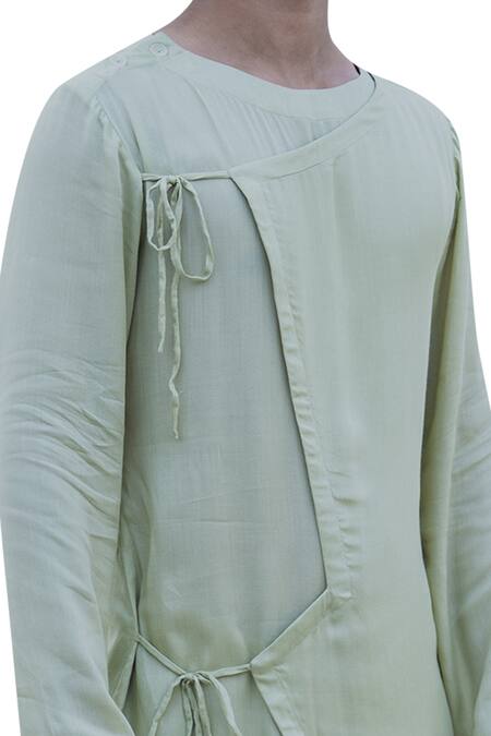 Shop_Bohame_Green Cotton Rayon Tie Up Short Kurta_Online_at_Aza_Fashions