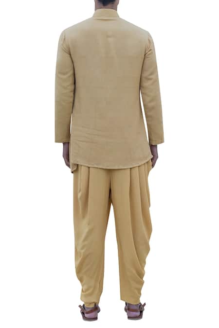 Shop_Bohame_Beige Cotton Linen Overlap Short Kurta _at_Aza_Fashions