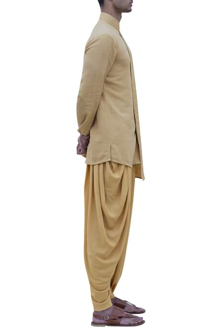 Bohame_Beige Cotton Linen Overlap Short Kurta _Online_at_Aza_Fashions