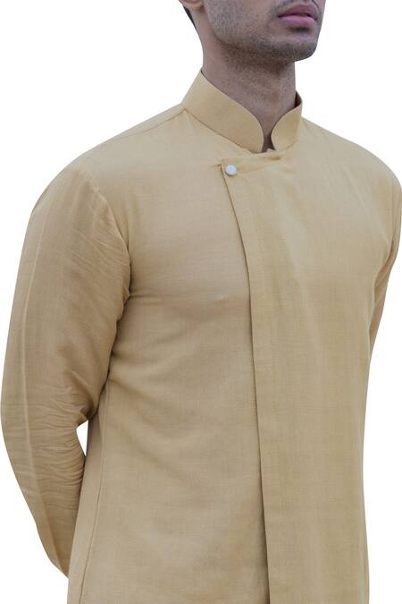 Buy_Bohame_Beige Cotton Linen Overlap Short Kurta _Online_at_Aza_Fashions