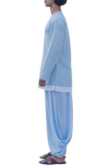 Bohame_Blue Cotton Linen Shoulder Buttons Short Kurta _Online_at_Aza_Fashions