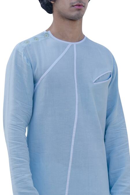 Buy_Bohame_Blue Cotton Linen Shoulder Buttons Short Kurta _Online_at_Aza_Fashions