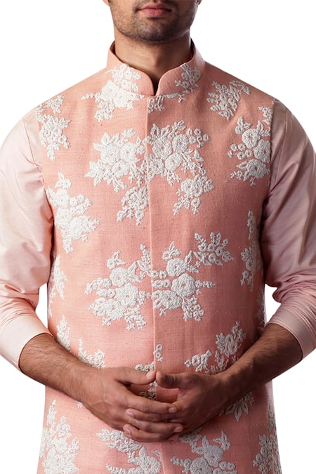 Kommal Sood_Peach Cotton Silk Embroidered Floral Nehru Jacket And Kurta Set  _at_Aza_Fashions