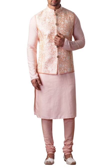 Kommal Sood_Peach Cotton Silk Embroidered Floral Nehru Jacket And Kurta Set  _Online_at_Aza_Fashions