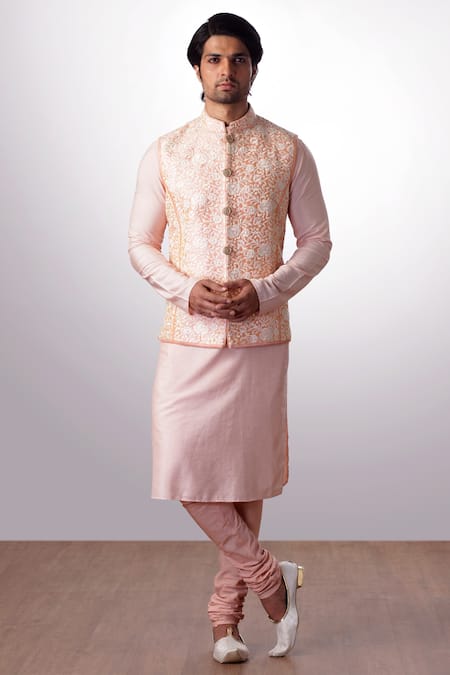 Buy_Kommal Sood_Peach Cotton Silk Embroidered Floral Nehru Jacket And Kurta Set  _Online_at_Aza_Fashions