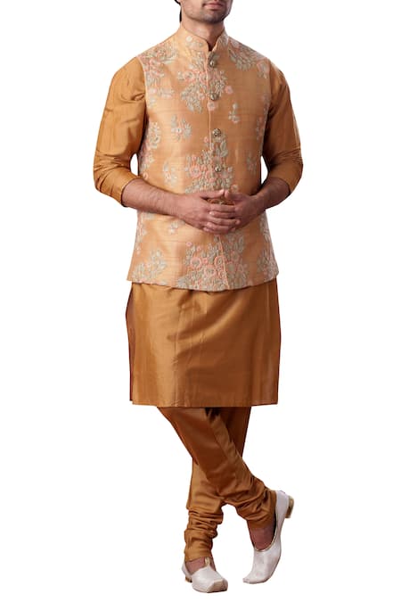 Kommal Sood Yellow Cotton Silk Embroidered Floral Nehru Jacket And Kurta Set  