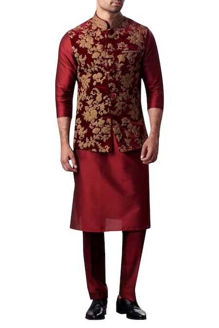 Buy_Kommal Sood_Maroon Velvet Embroidered Floral Gold Bundi  _Online_at_Aza_Fashions