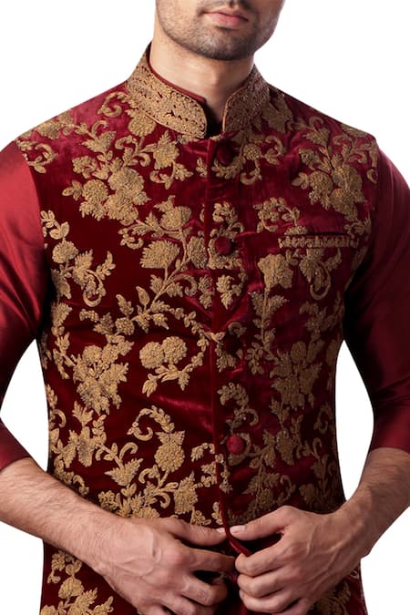 Shop Kommal Sood Maroon Velvet Embroidered Floral Gold Bundi Online at Aza Fashions Shop_Kommal Sood_Maroon Velvet Embroidered Floral Gold Bundi _Online_at_Aza_Fashions