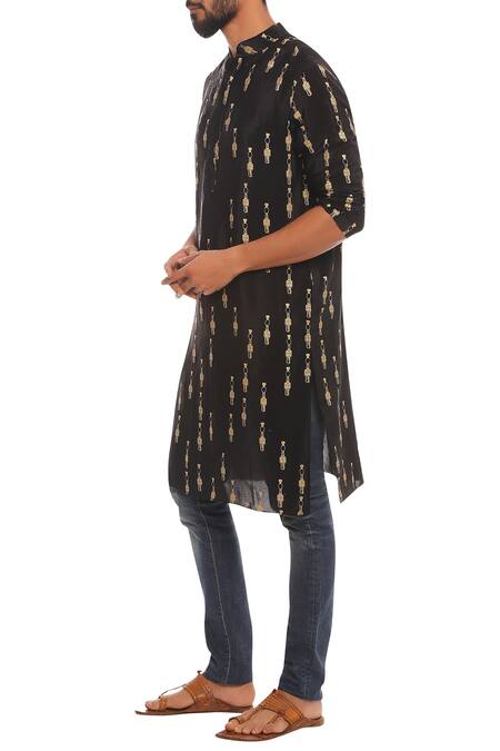 Masaba_Black Natural Crepe Motif Tribal Print Kurta_Online_at_Aza_Fashions